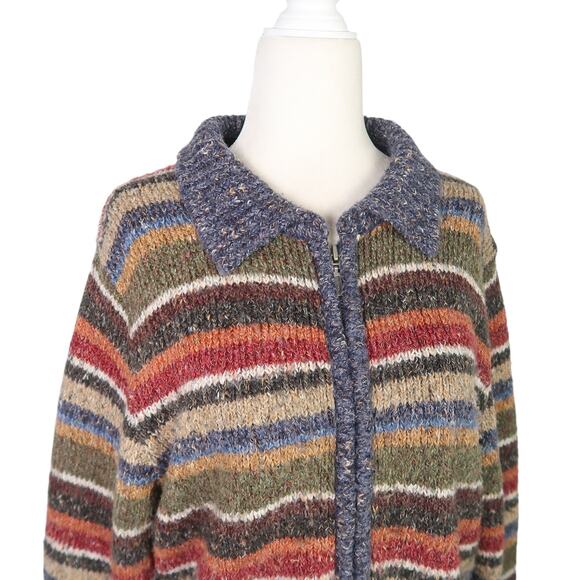 Vintage 90s Croft & Barrow navy blue multicolor striped zip cardigan sweater M - Picture 2 of 6